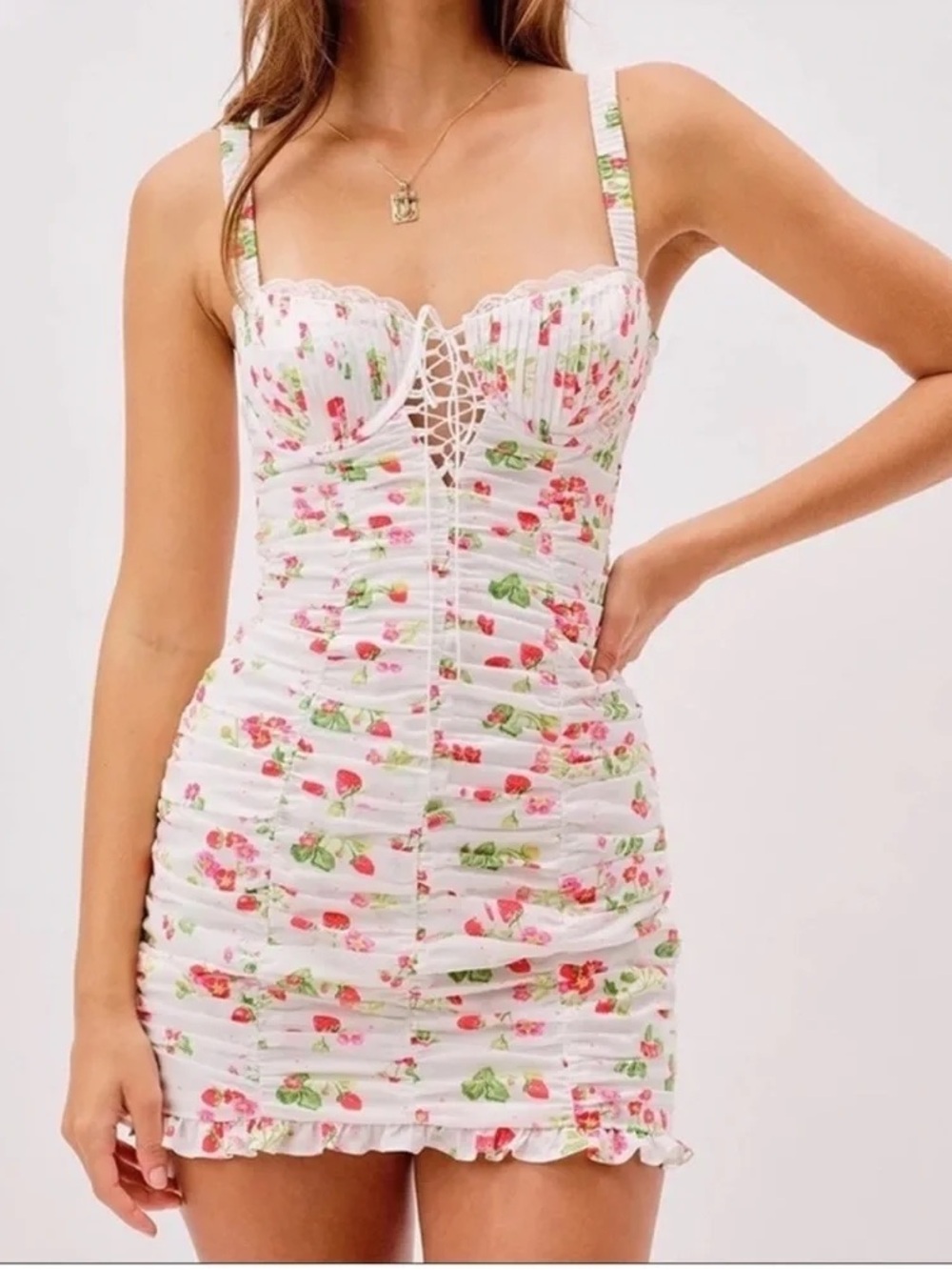 NWT For Love & Lemons Celia Corset Mini Dress - White Red Floral Strawberry
